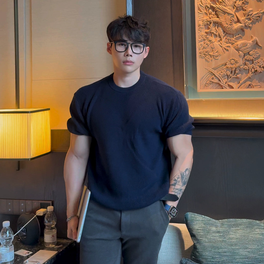 Cotton Knit Short Sleeve Crewneck Sweater