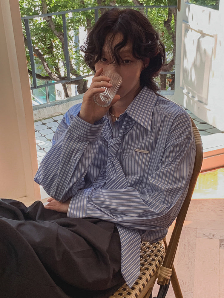 Striped Long-Sleeve Shirt with Tie