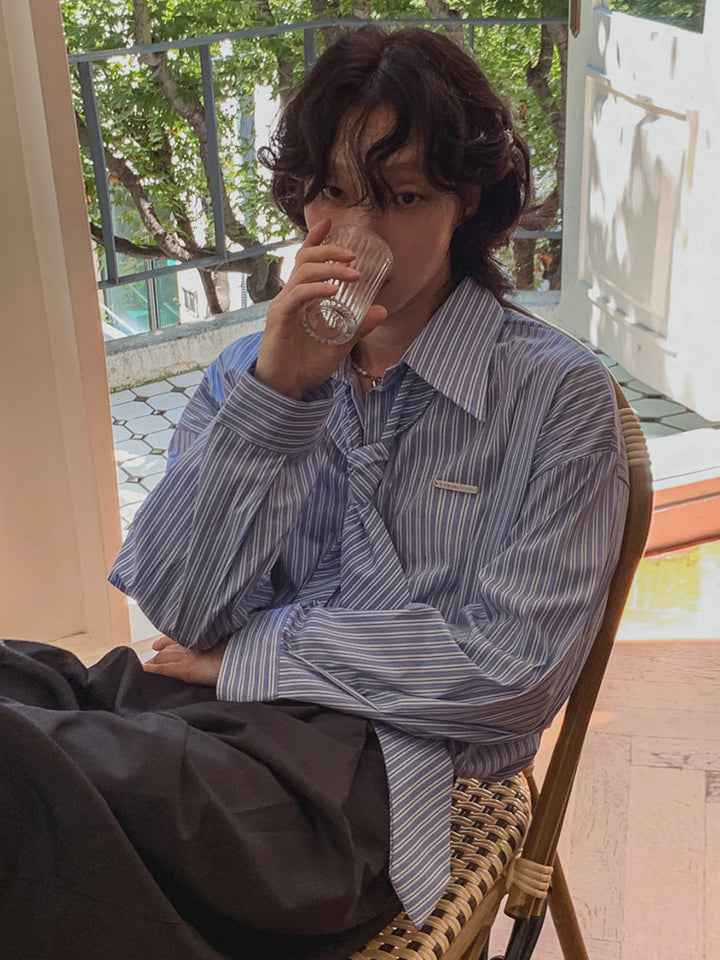 Striped Long-Sleeve Shirt with Tie