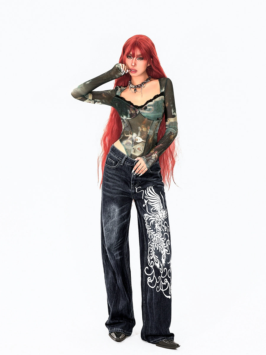 Retro Mesh Print Long Sleeve Turtleneck