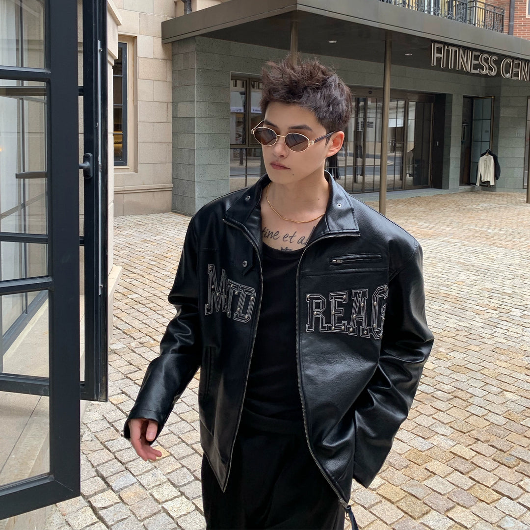 Leather Rivet Letter Motorcycle Jacket