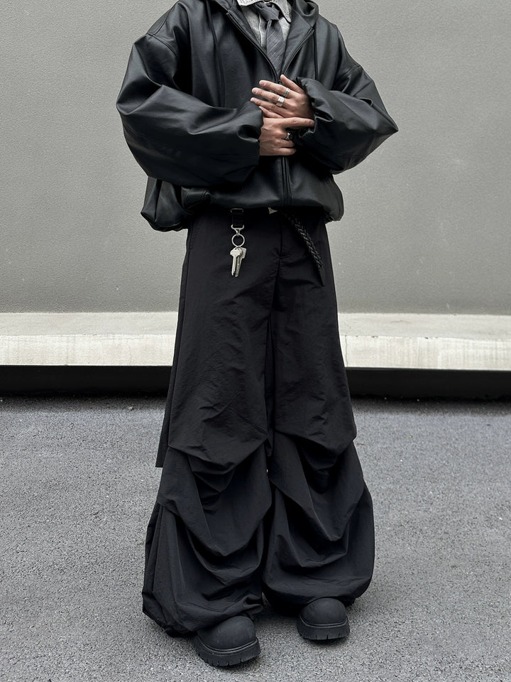 Pleated Nylon Wide-Leg Paratrooper Pants