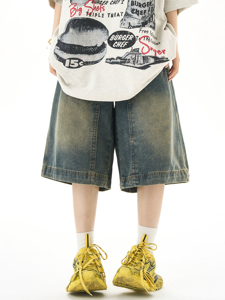 Loose Washed Denim Knee-Length Pants