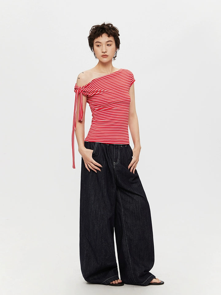 Striped Off-Shoulder Short Sleeve Top