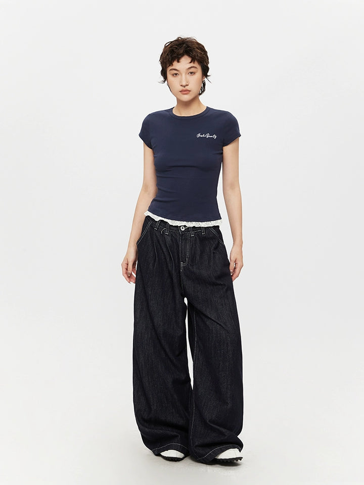 Lace Trim Fitted Short Sleeve Turtleneck