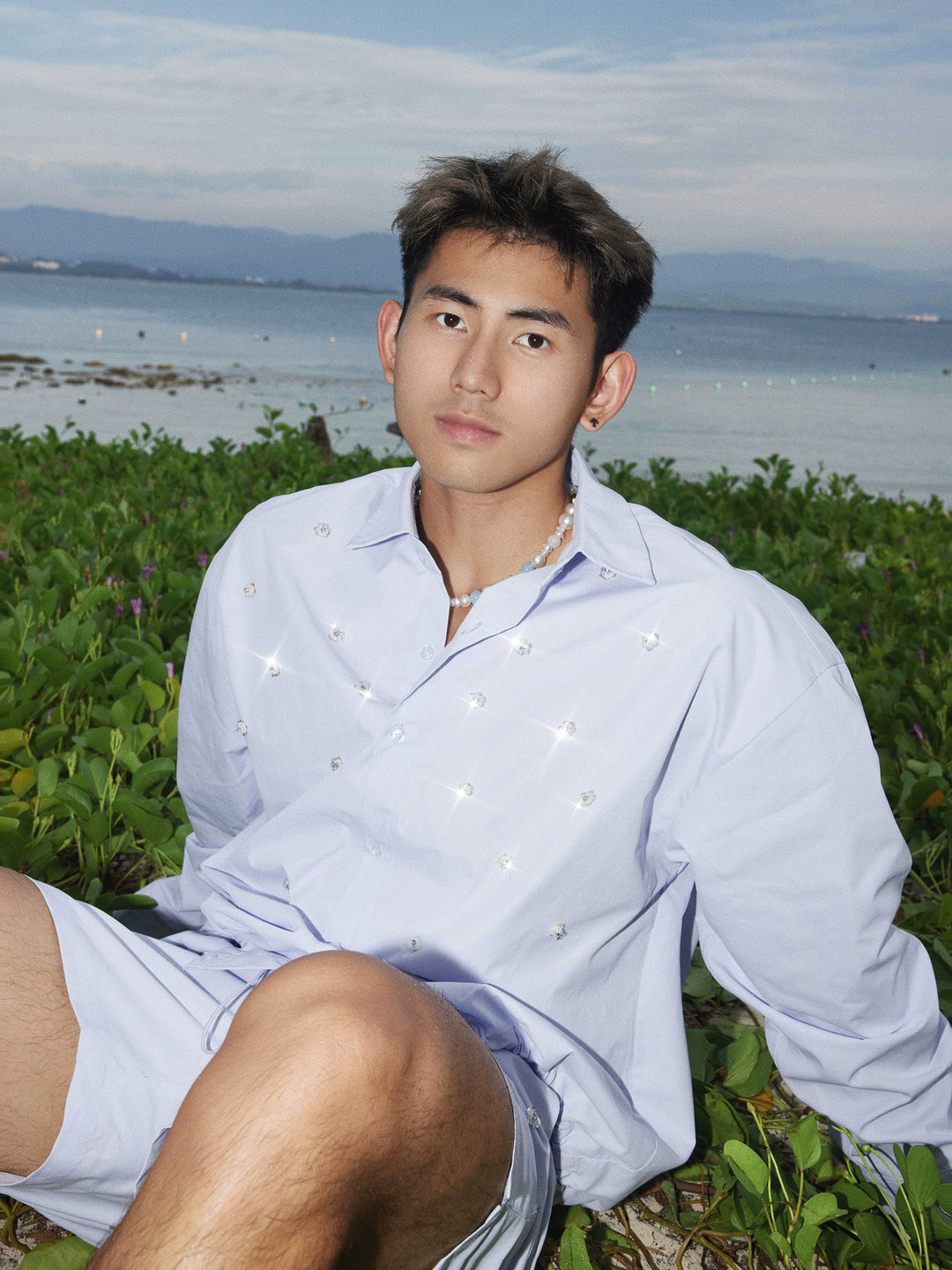 Pärlformad design långärmad skjorta och shorts set