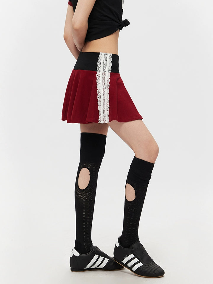 Lace Pleated High Waist A-Line Skirt