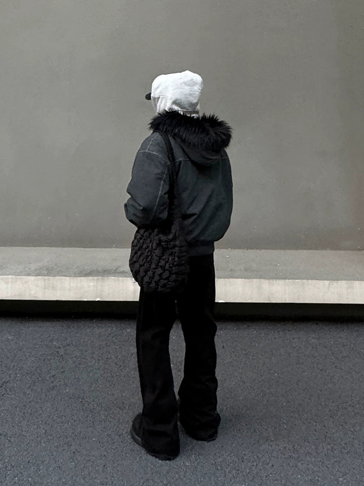 Hooded Bomber Jacket with Fur Collar