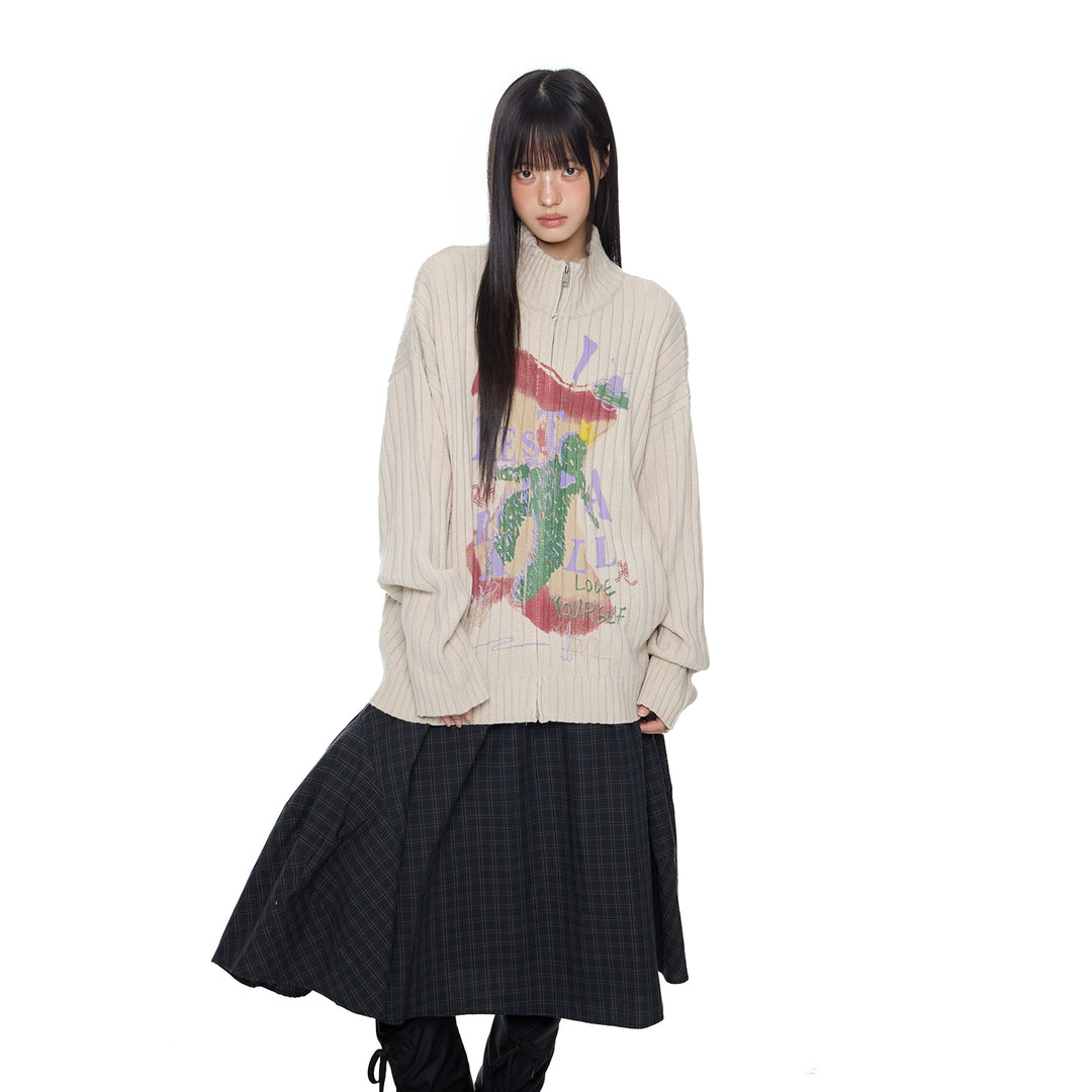 Letter Print Knitted Zip Sweater