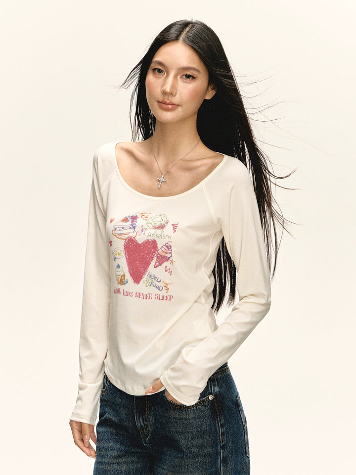 Grafische U-hals Lange Mouwen T-shirt