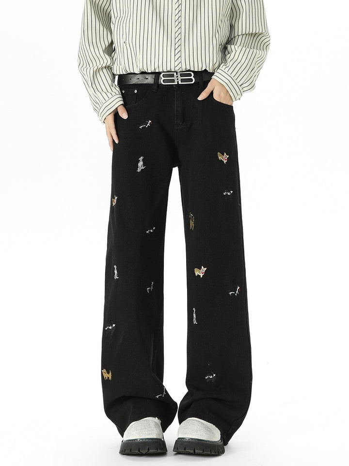 Embroidered Wide-Leg Jeans with Puppies