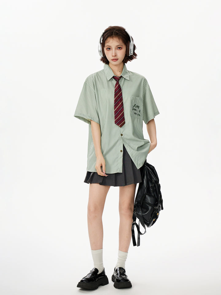 Striped Short-Sleeve Loose College Shirt