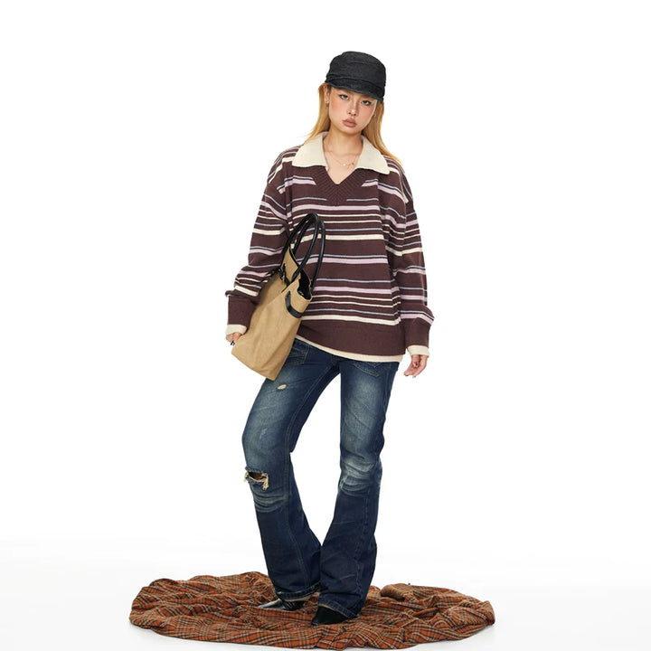 Striped Collared Knit Patchwork Sweatshirt