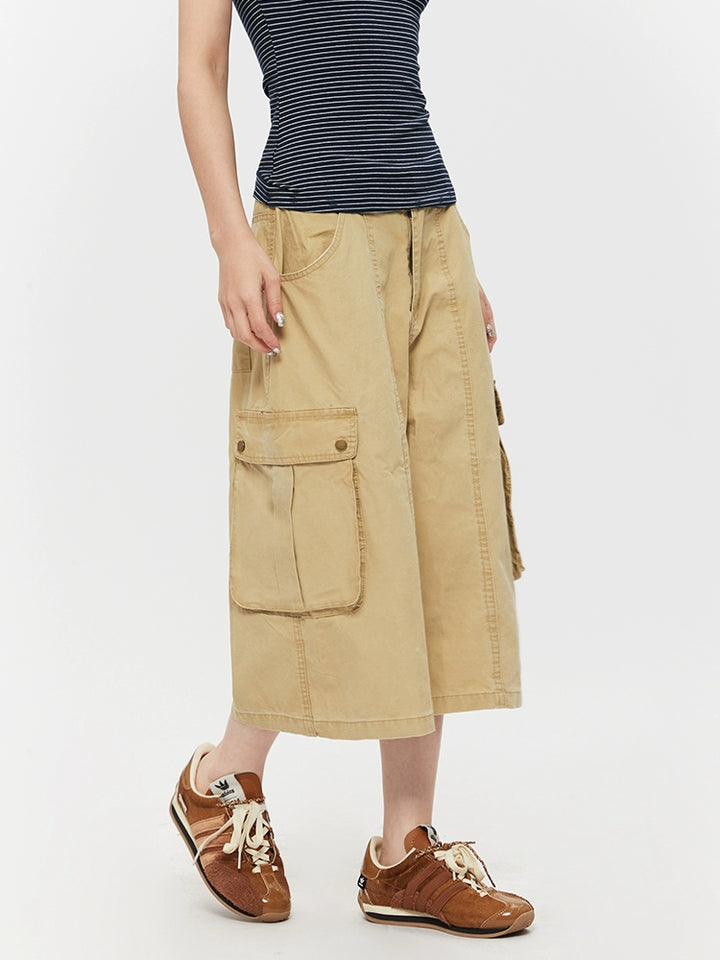 Multi-Pocket Workwear Loose Cropped Pants