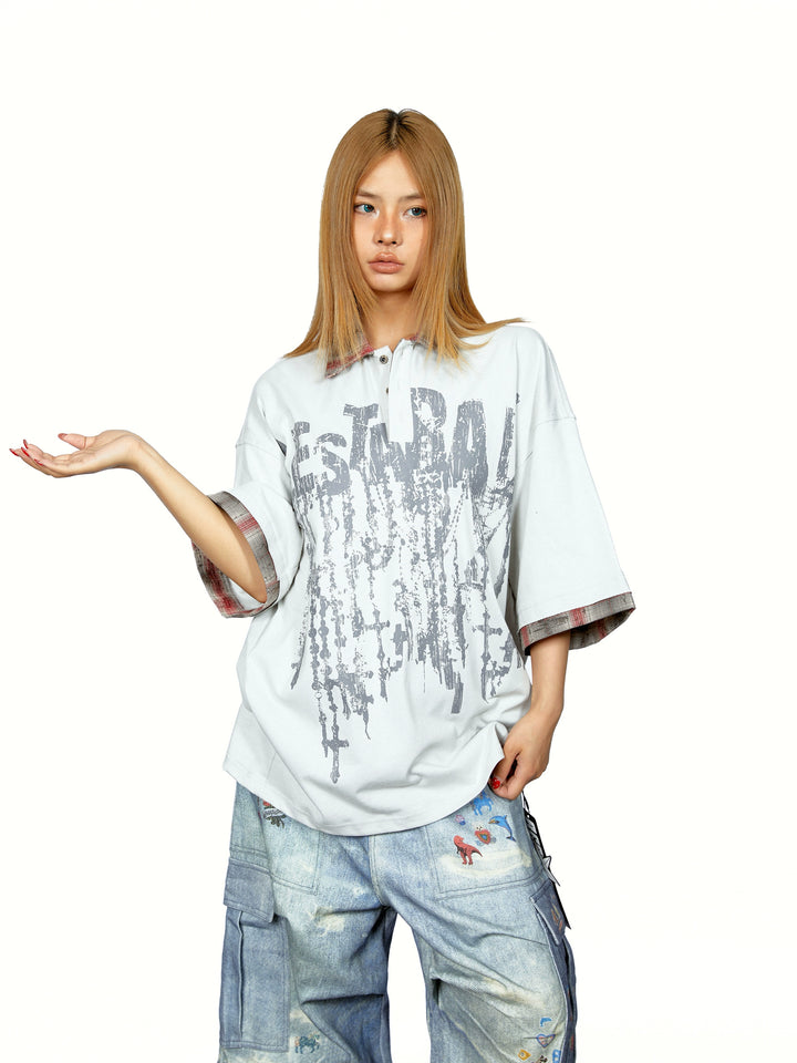 Plaid Polo Collar Graphic Loose T-Shirt