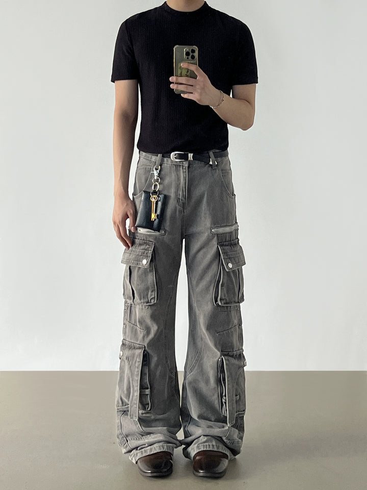 Denim Weite Beinform Mehrfachtaschen Cargo-Hose