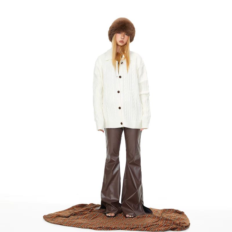 Cable Knit Button-Up Collar Cardigan