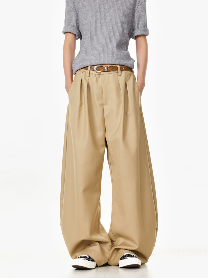 Khaki Wide-Leg Casual Pants