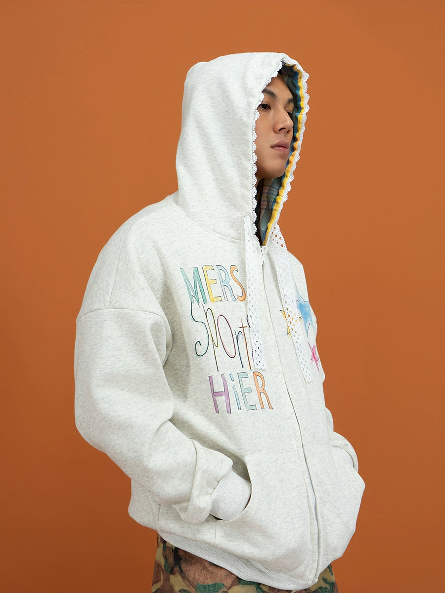 Plaid Lined Zip Up Embroidered Hoodie