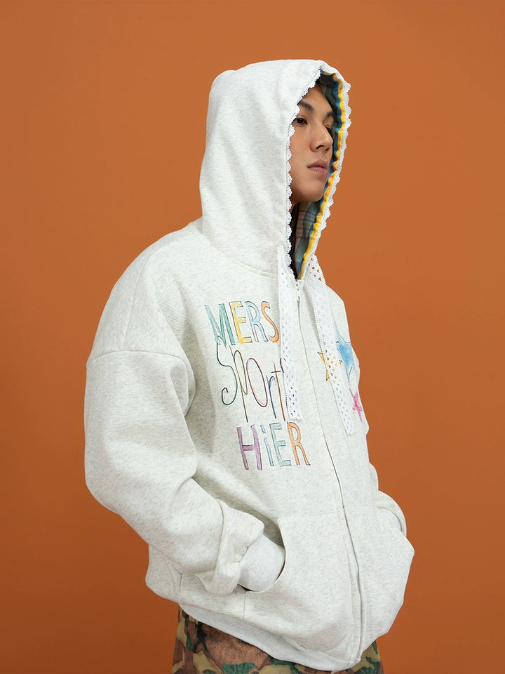 Plaid Lined Zip Up Embroidered Hoodie