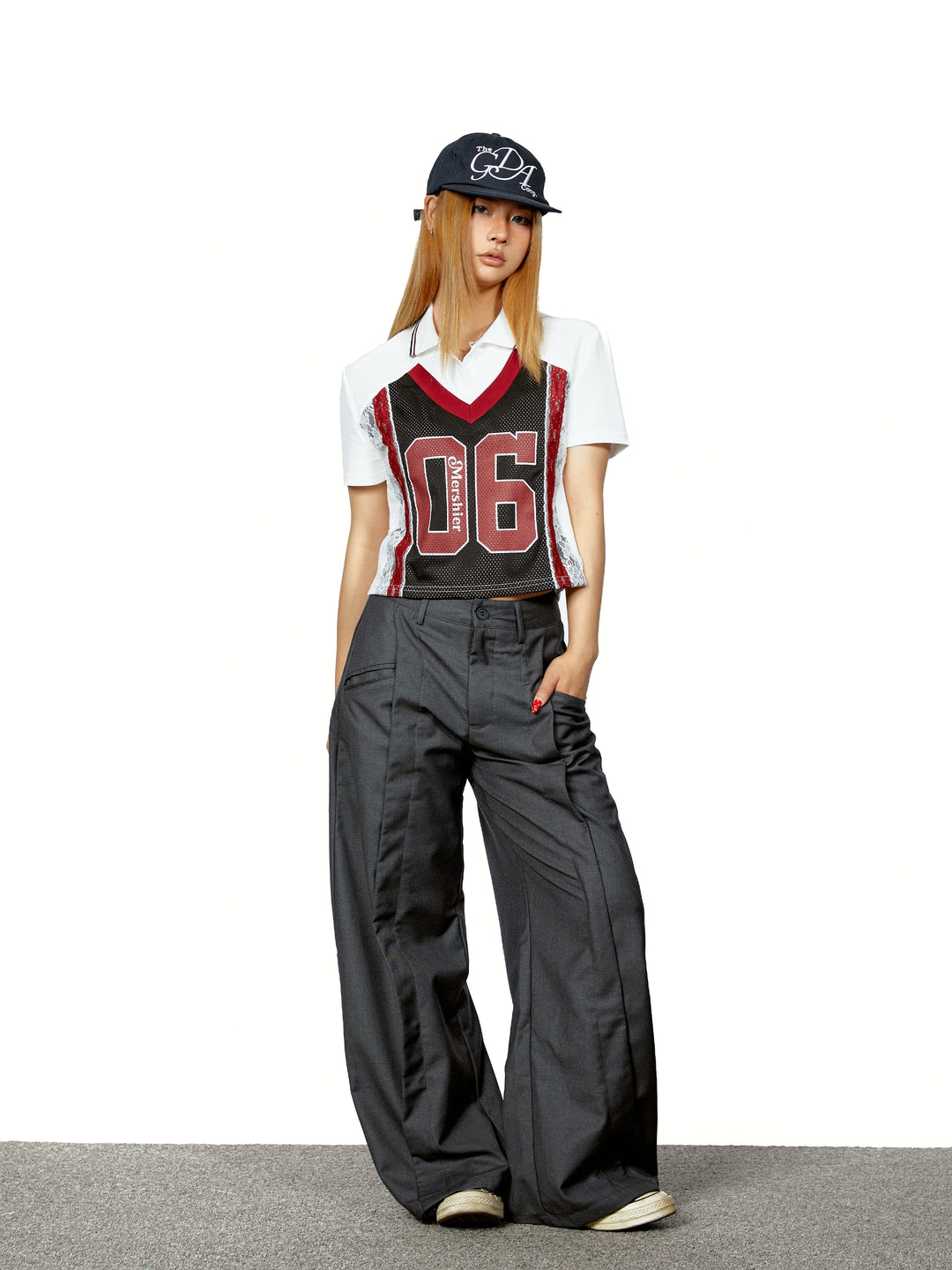 Polo Collar Lace Mesh Jersey Top