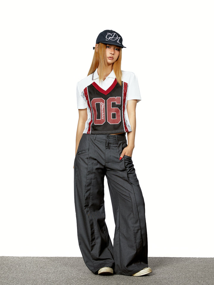 Polo Collar Lace Mesh Jersey Top