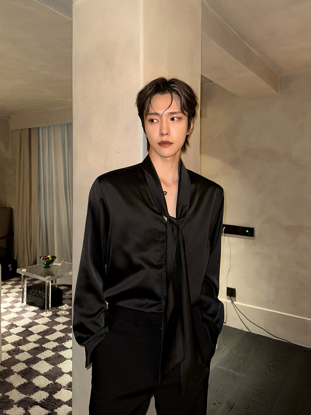 Silky Drape Tie-Neck Shirt