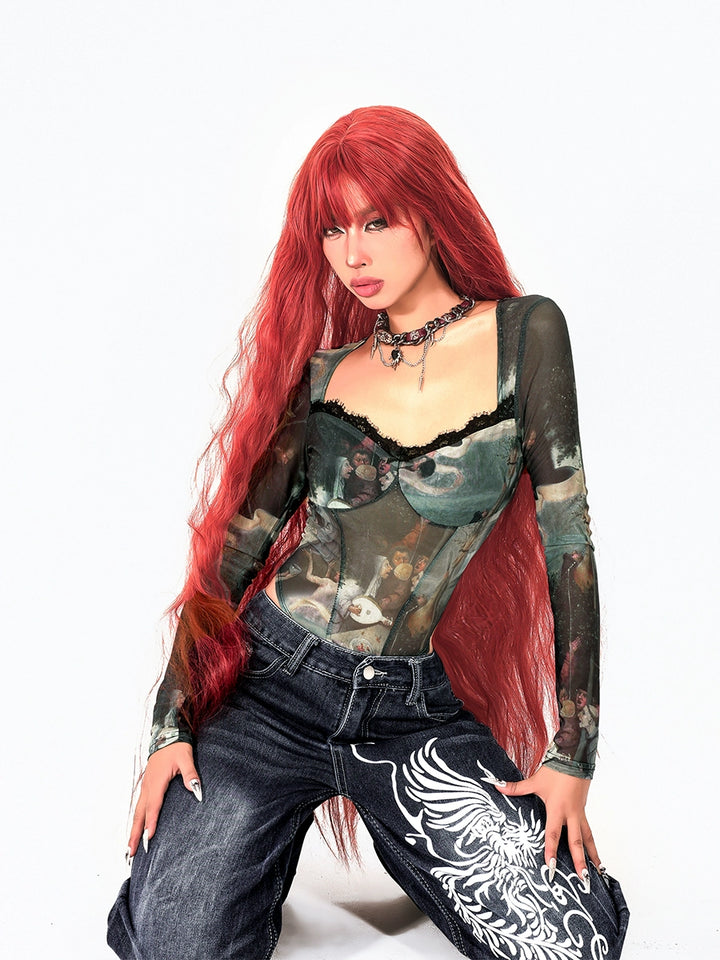Retro Mesh Print Long Sleeve Turtleneck