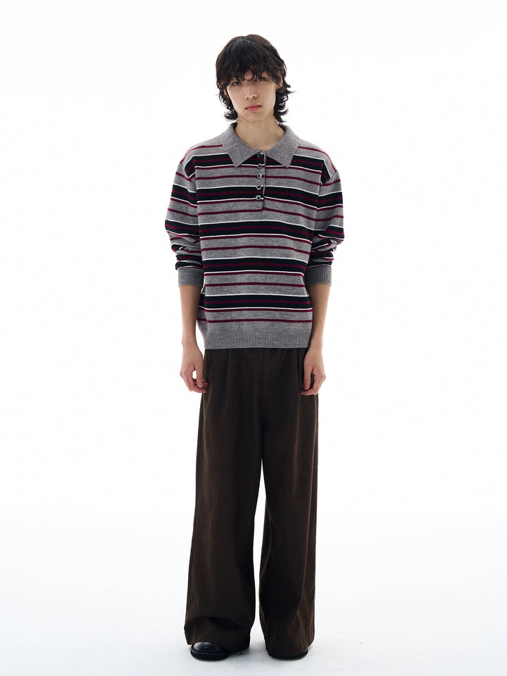 Striped Knit Lapel Polo Sweater