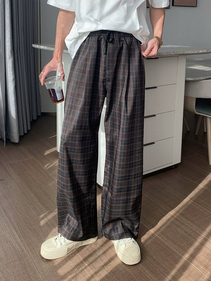 Plaid Elastic Waist Wide-Leg Casual Pants