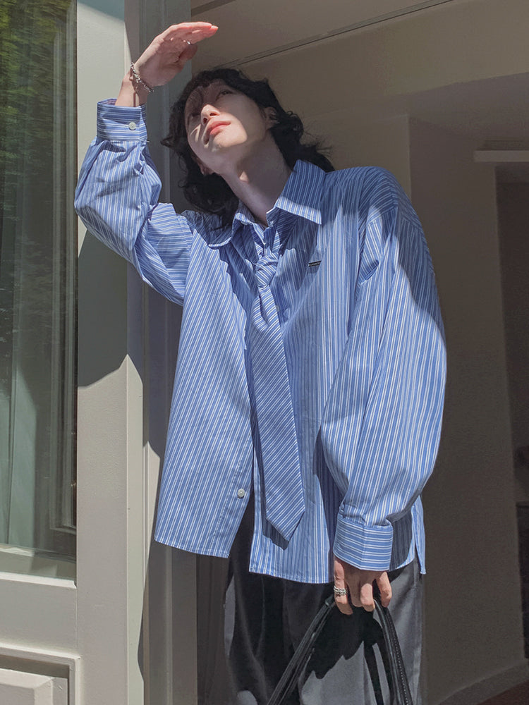 Striped Long-Sleeve Shirt with Tie