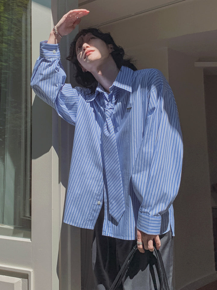 Striped Long-Sleeve Shirt with Tie