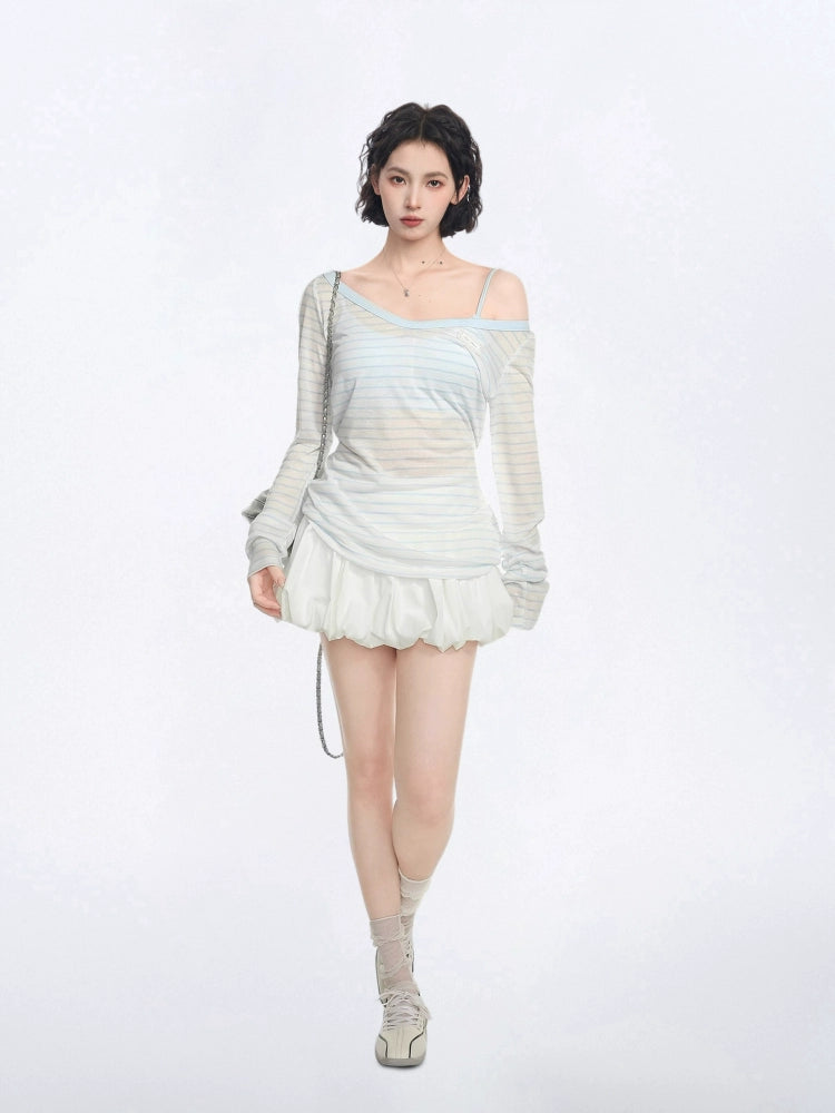 Striped Off-Shoulder Long Sleeve Turtleneck