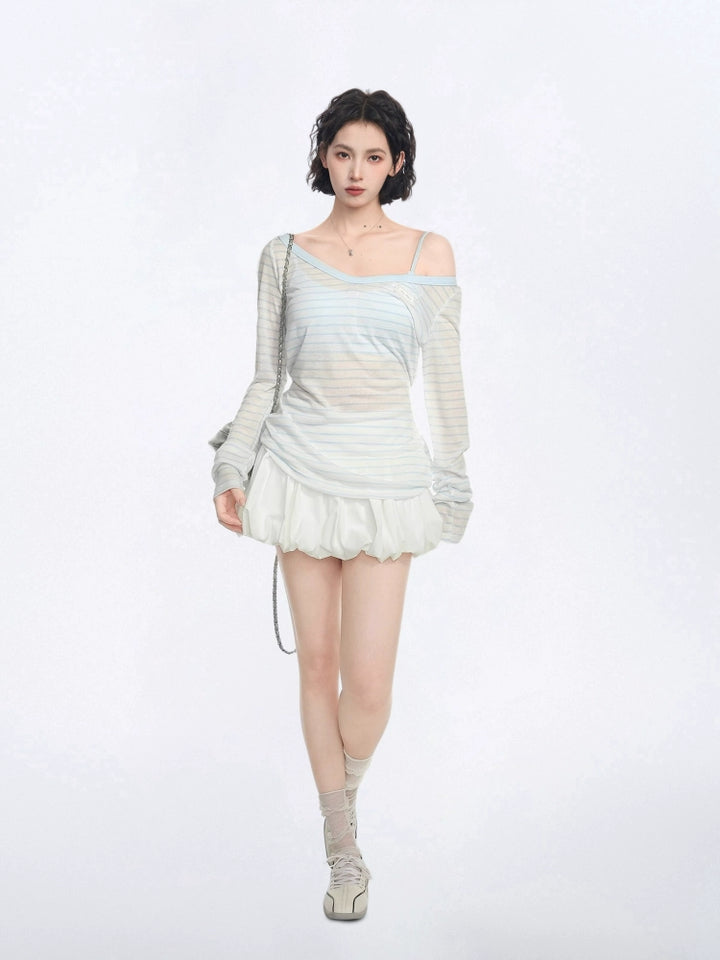 Striped Off-Shoulder Long Sleeve Turtleneck