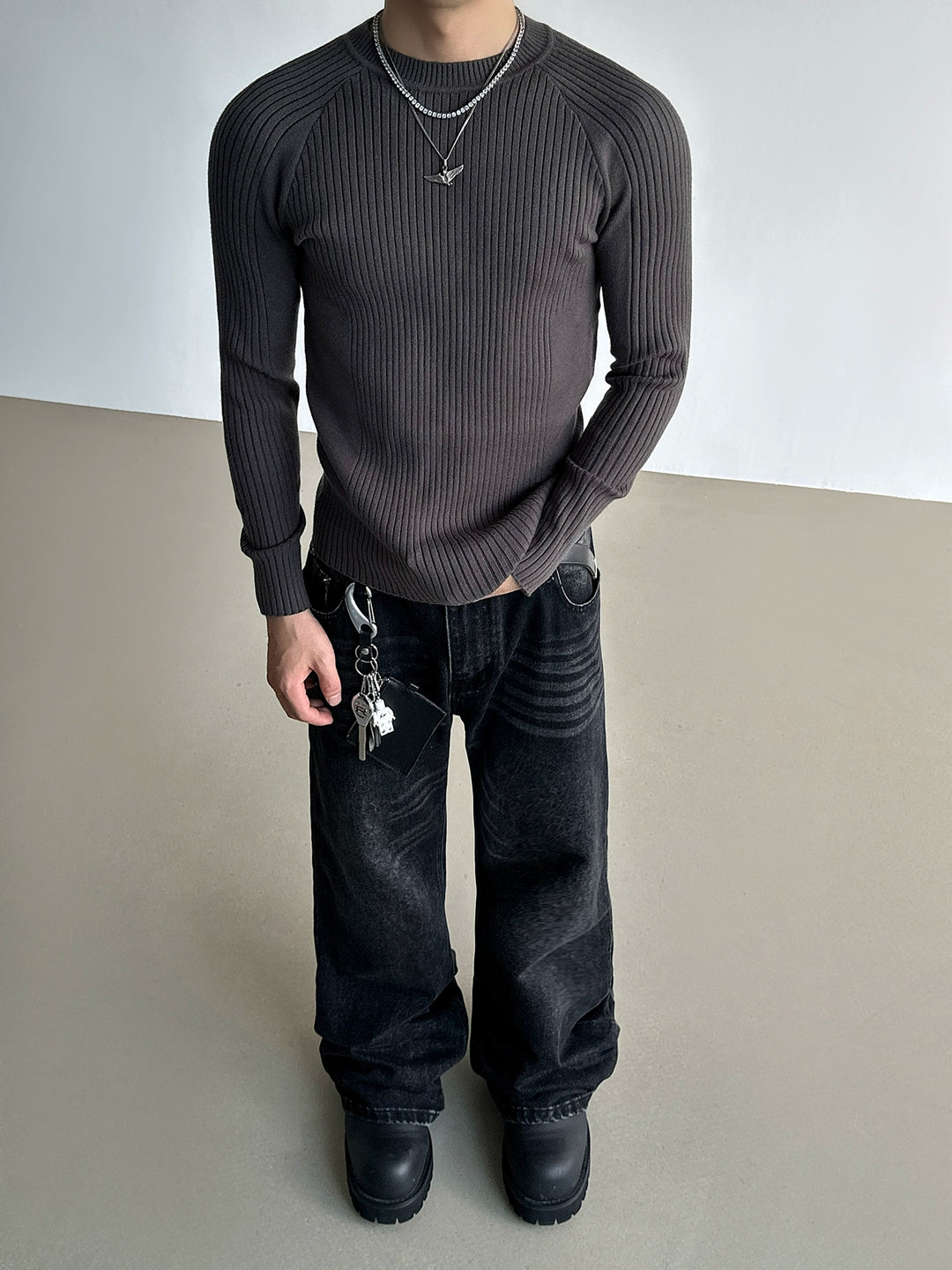 Ribbet strik slim fit langærmet sweater