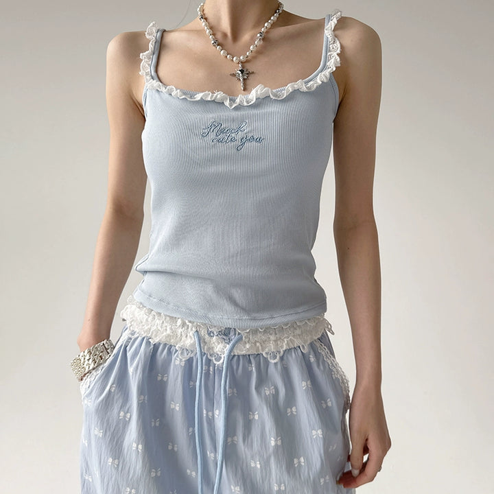 Lace Trim Ribbed Camisole with Chest Pad