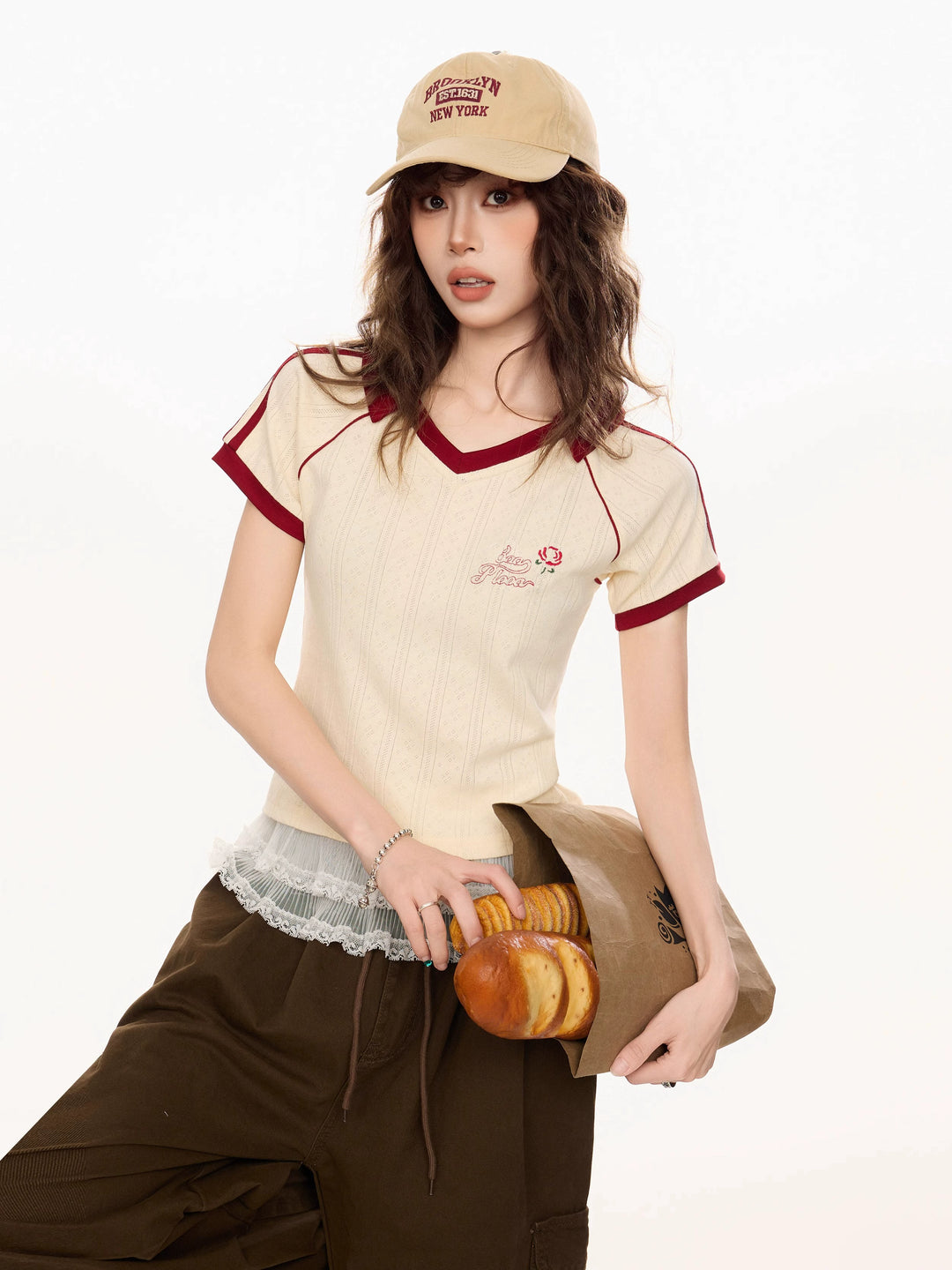 V-neck Knitted Short Sleeve T-shirt