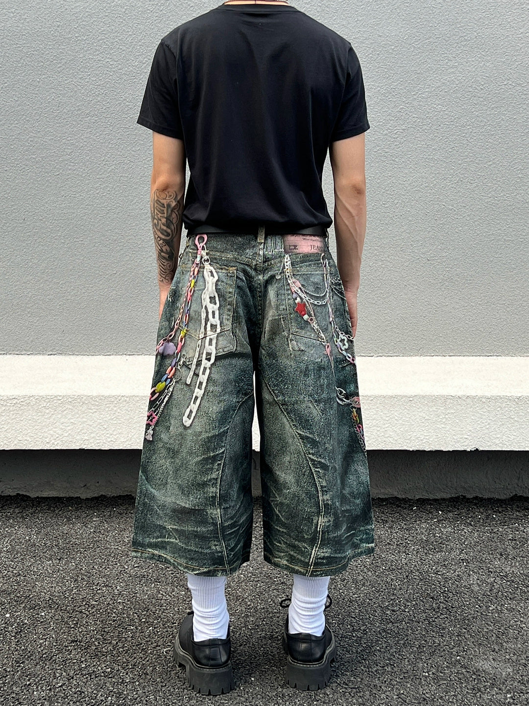 Digital Print Distressed Wide-Leg Pants
