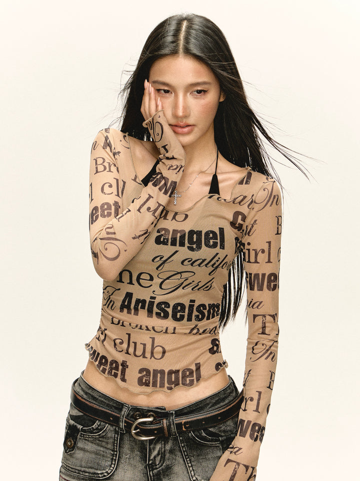 Graphic Print Sheer Long Sleeve Top