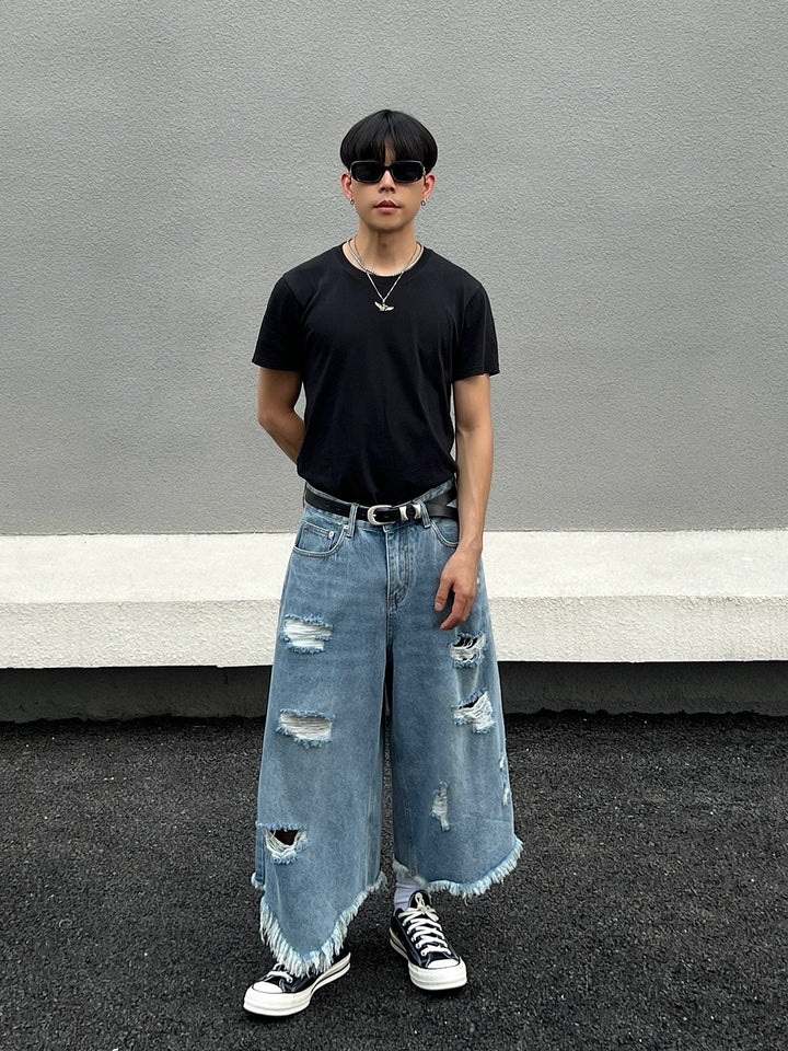 Ripped Wide-Leg Cropped Denim Pants