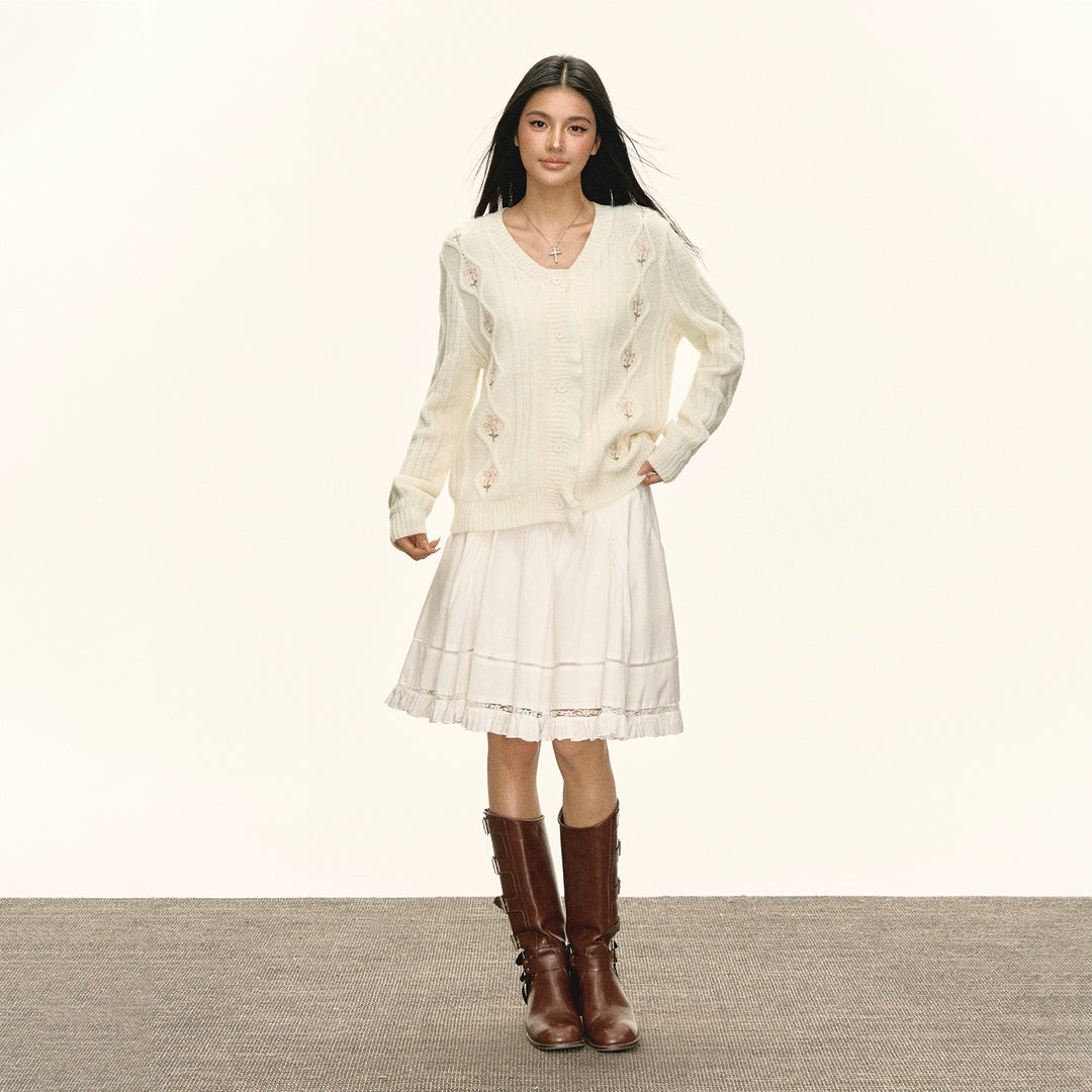 Knit Embroidered Button Cardigan