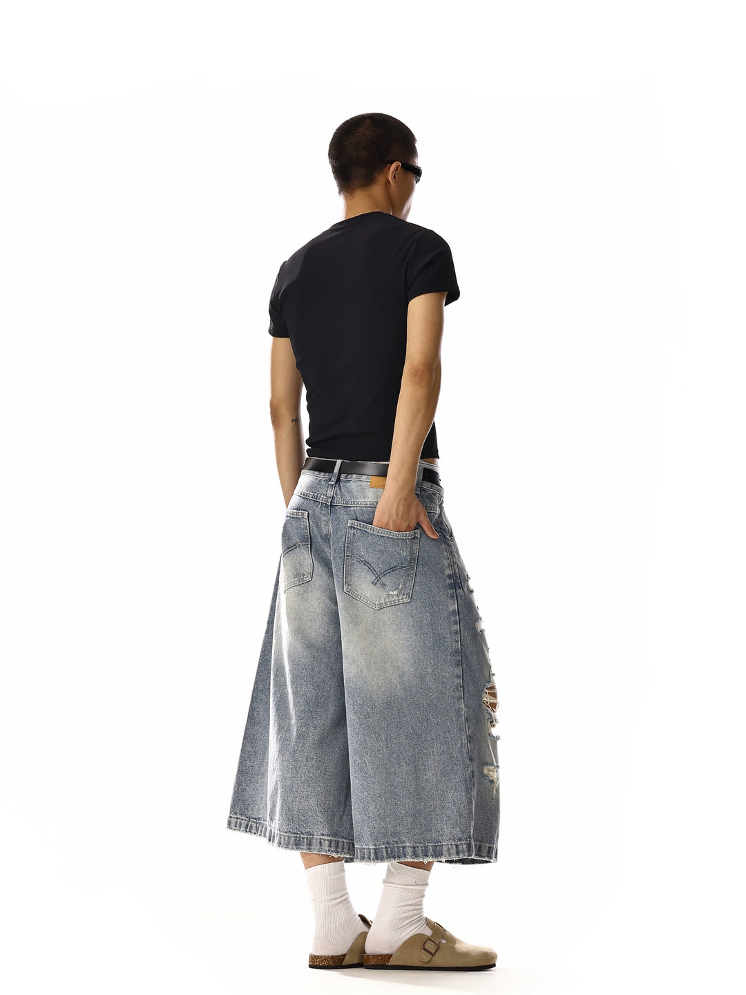 Ripped Wide-Leg Cropped Denim Pants