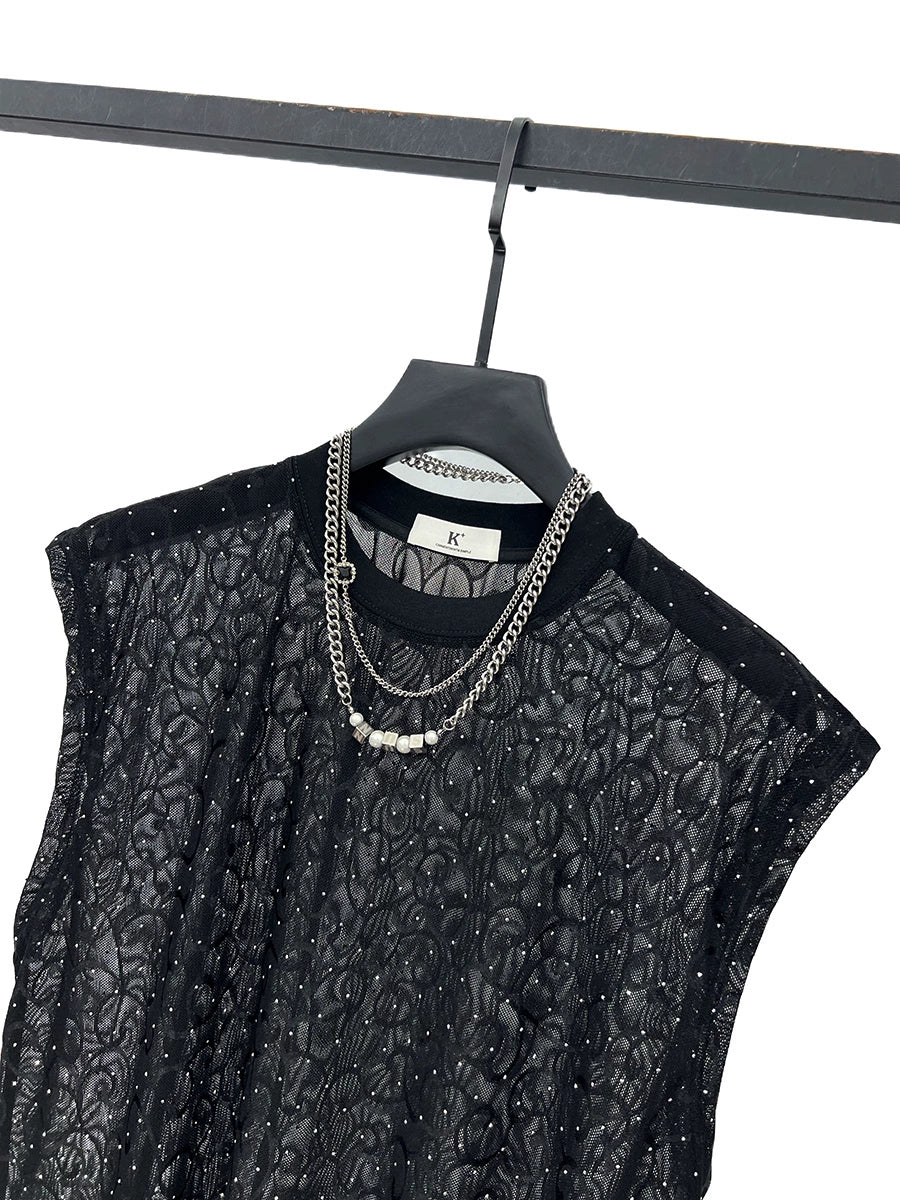 Mesh Rhinestone See-through Sleeveless Vest