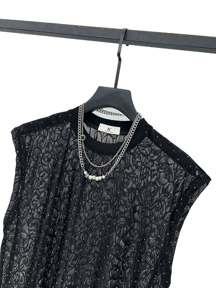 Mesh Rhinestone See-through Sleeveless Vest