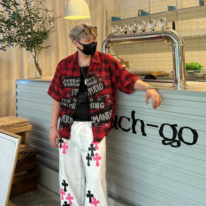 Oversized Plaid Short Sleeve Hip-Hop Shirt