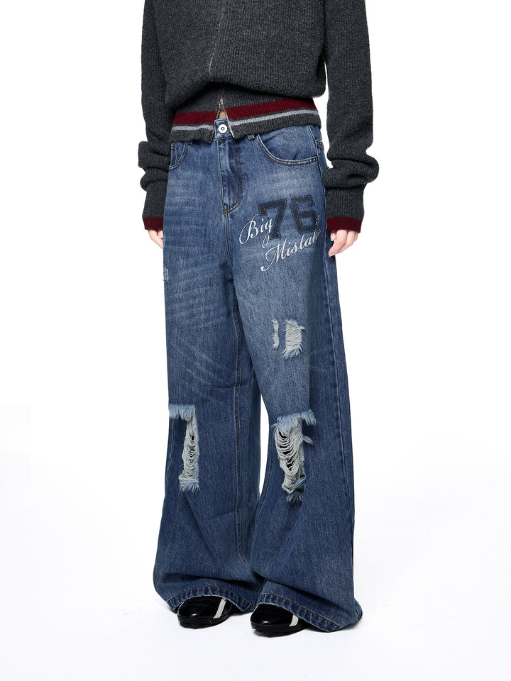Versleten Gescheurde Print Losse Rechte Broek
