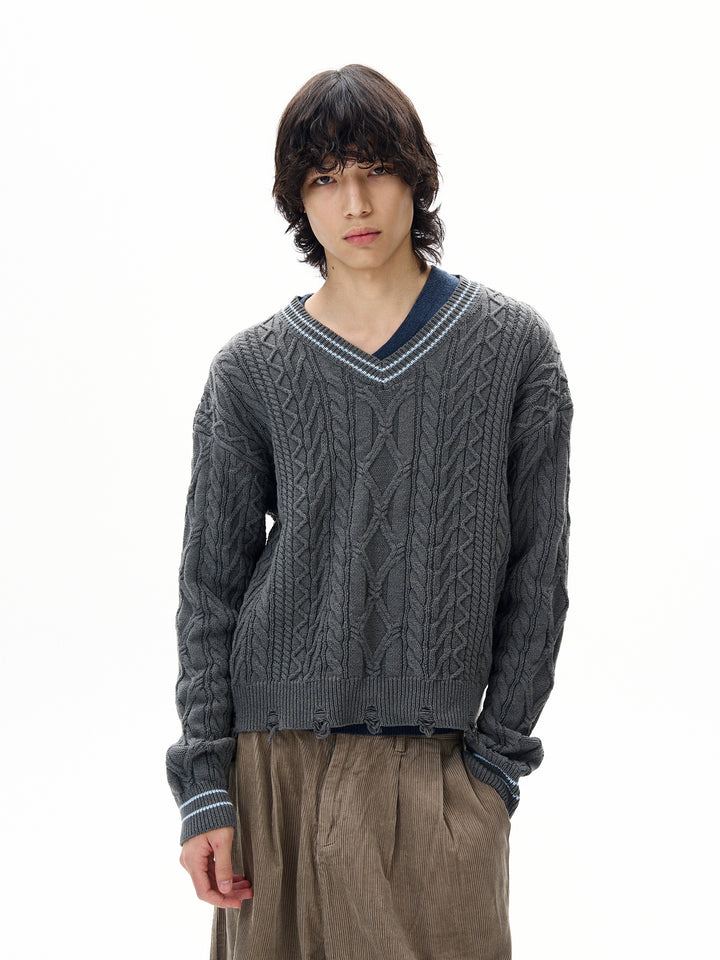 Distressed V-Neck Cable Knit Sweater