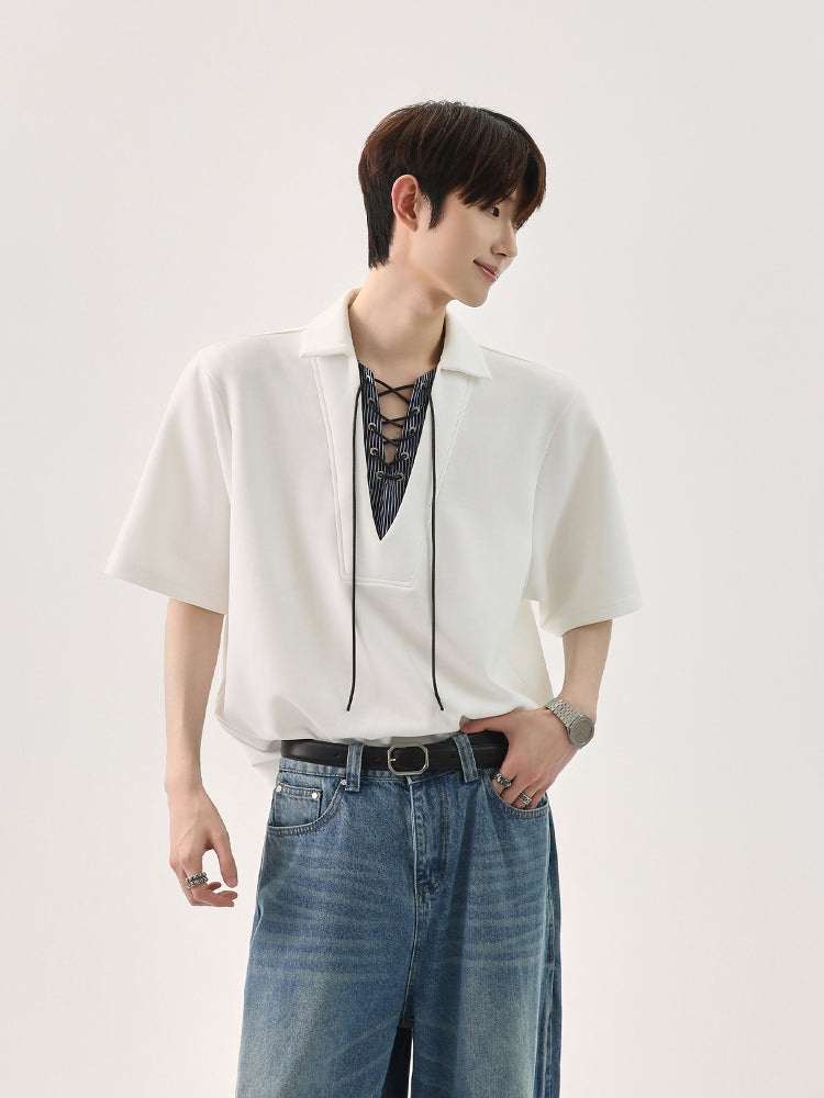 Camisa Polo Casual com Decote em V e Cadarço