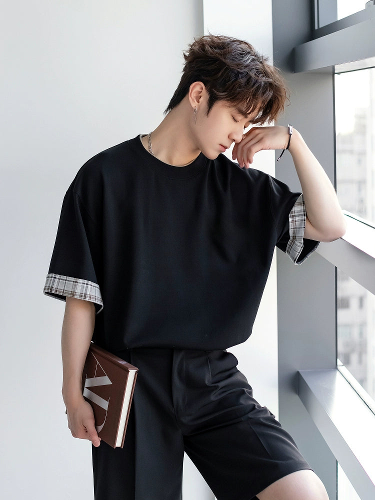Plaid Trim Loose Fit Short Sleeve T-shirt