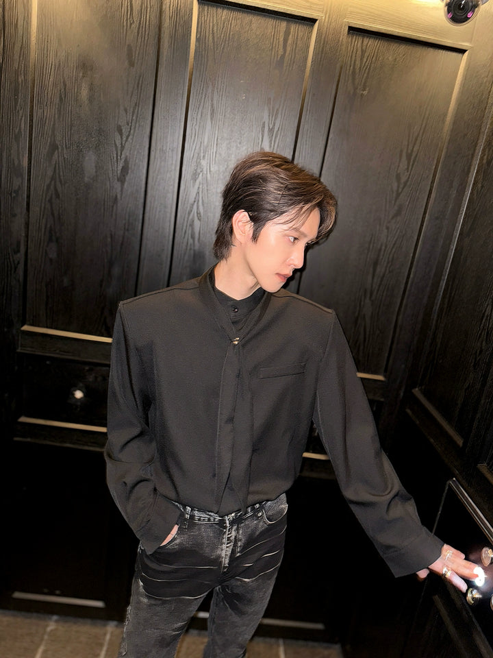 Stand Collar Tie Long Sleeve Shirt
